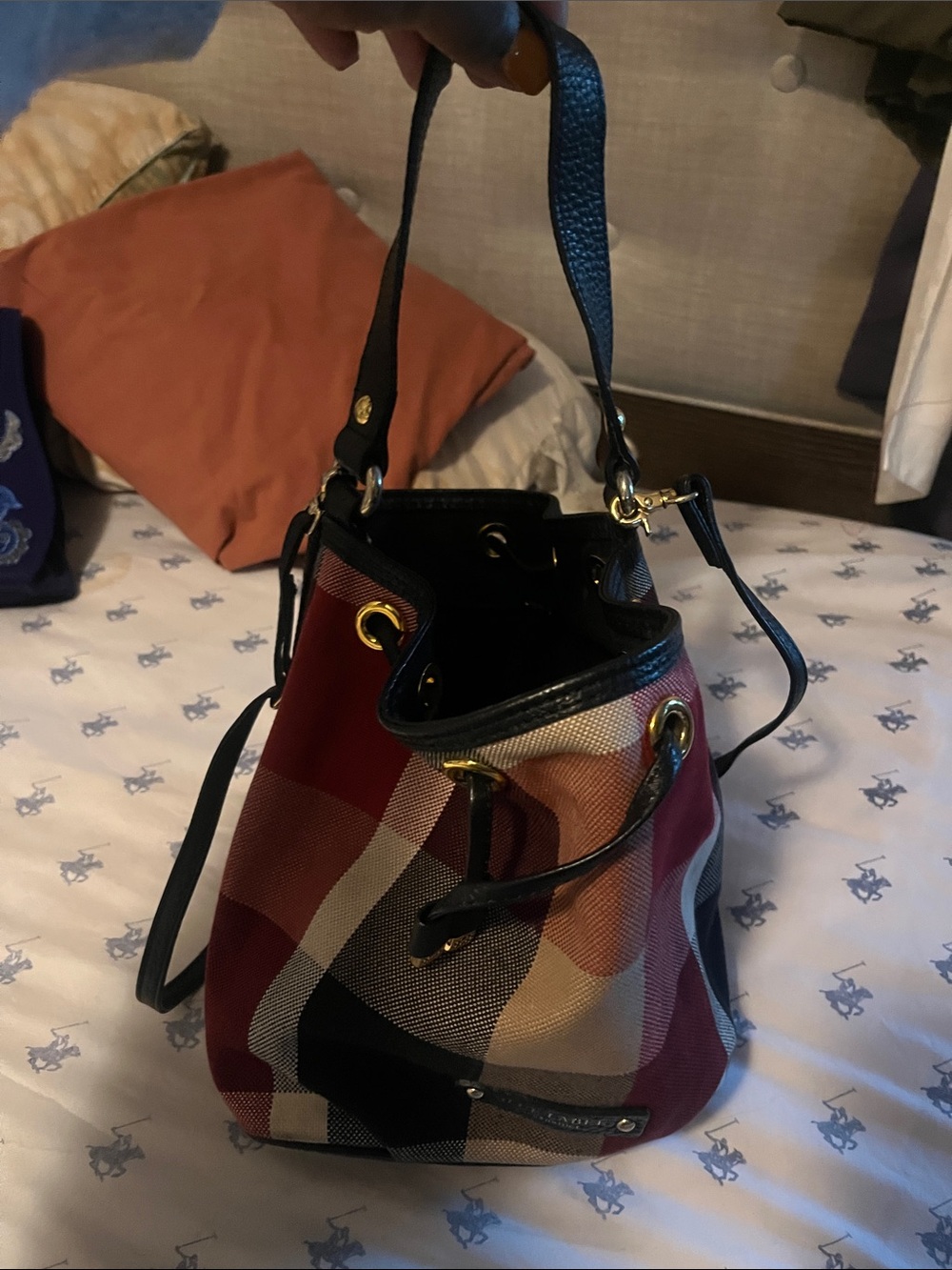 Plaid Bucket Shoulder Bag in Red and Tan Only sold in Japan